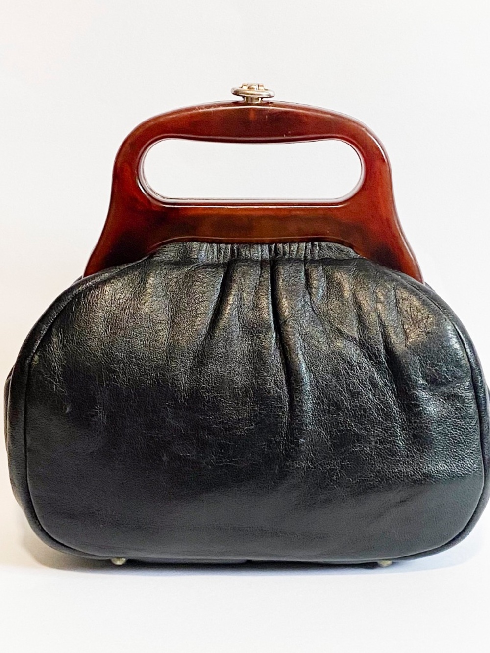 Neusteters Vintage Mid Century 60s Black Leather Handbag Tortoiseshell Handle